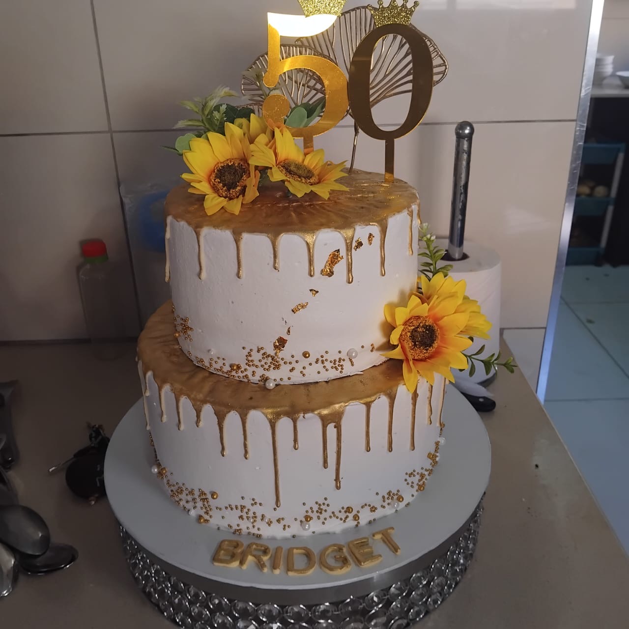 Sunflower Gold Drip Two-Tier Cake
