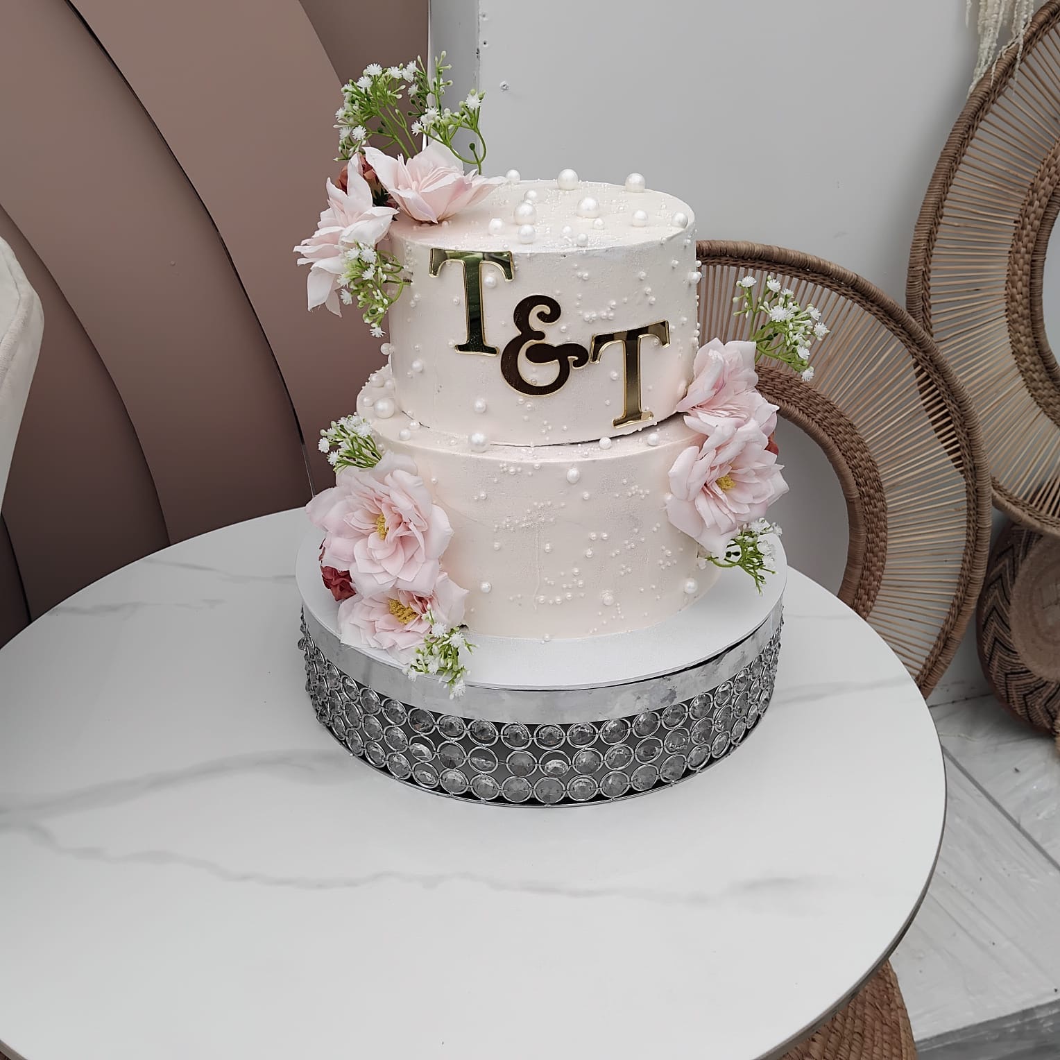Pearl & Blush Rose Two-Tier Wedding Cake